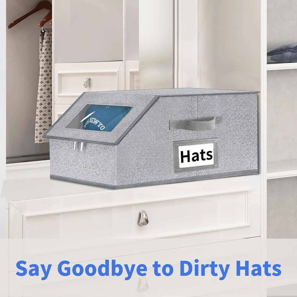 Aokeyee Hat Organizer - 2PCS Stackable Storage with Clear Window Lid & Flip-Top Access | Grey