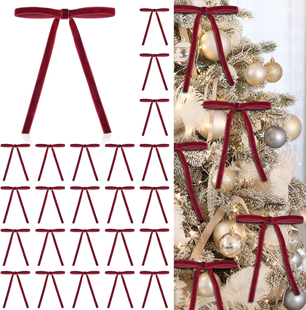 Regine Switzerland 24 Pcs Red Velvet Christmas Ornaments - Rustic Pre-Tied Bows for Holiday Décor | 5x7 Inch