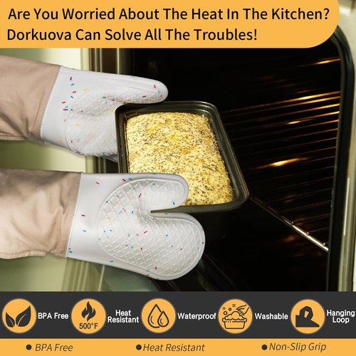 Dorkuova Oven Glove Cute,Cooking Mittens,Oven Mittens for Kitchen,Oven Gloves for Kitchen,Washable Silicone Oven Mitts Heat Resistant 500°F, Potholders for Kitchens Cooking Baking(Cream