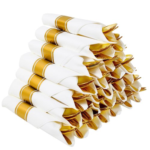 30 Pack Pre Rolled Gold Plastic Cutlery, Disposable Heavy Duty Silverware Set - 30 Forks, 30 Spoons, 30 Knives, 30 Napkins, Disposable Cutlery Set for Catering, Parties, Dinners, Weddings