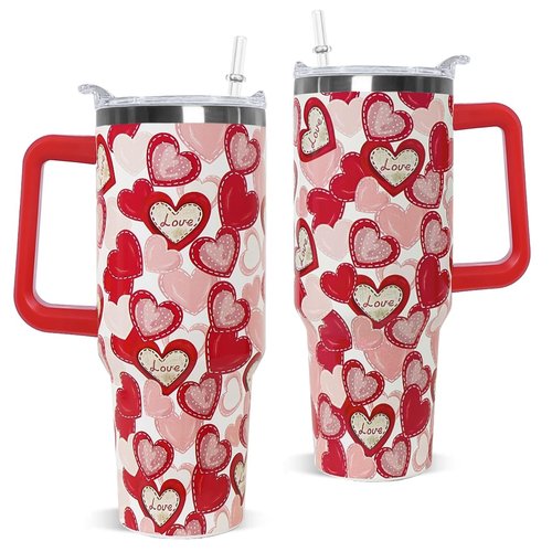 Nqhsionv Valentines Tumbler with Handle 40 oz Red Love Hearts Coffee Travel Mug Stainless Steel Insulated Cup Valentines Anniversary Wedding Birthday Gifts for Women