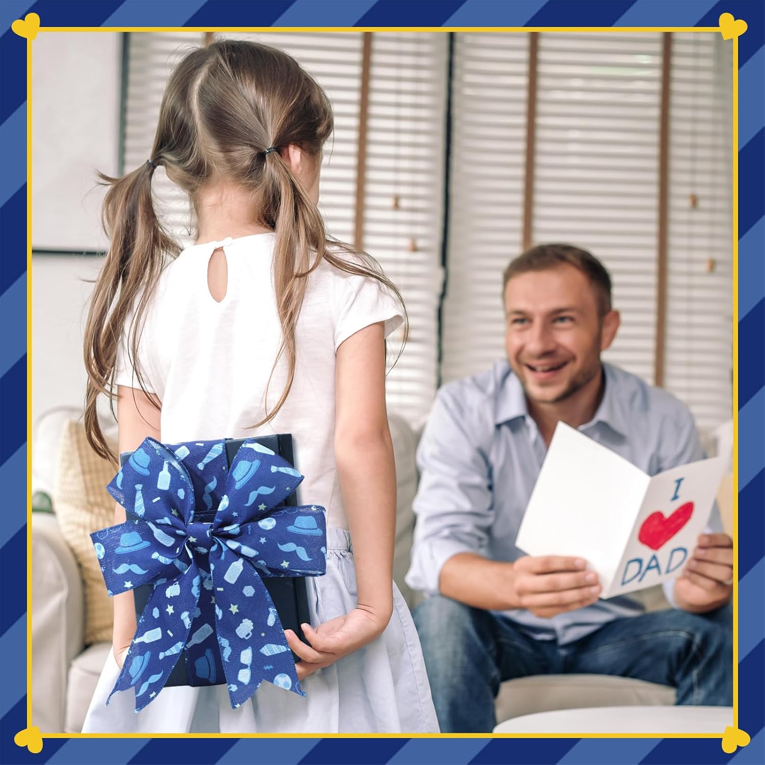 Skiennix Father's Day Wired Edge Ribbon - Blue Tie Hat Pattern | 6 Rolls, 30 Yards for Crafting & Gifts