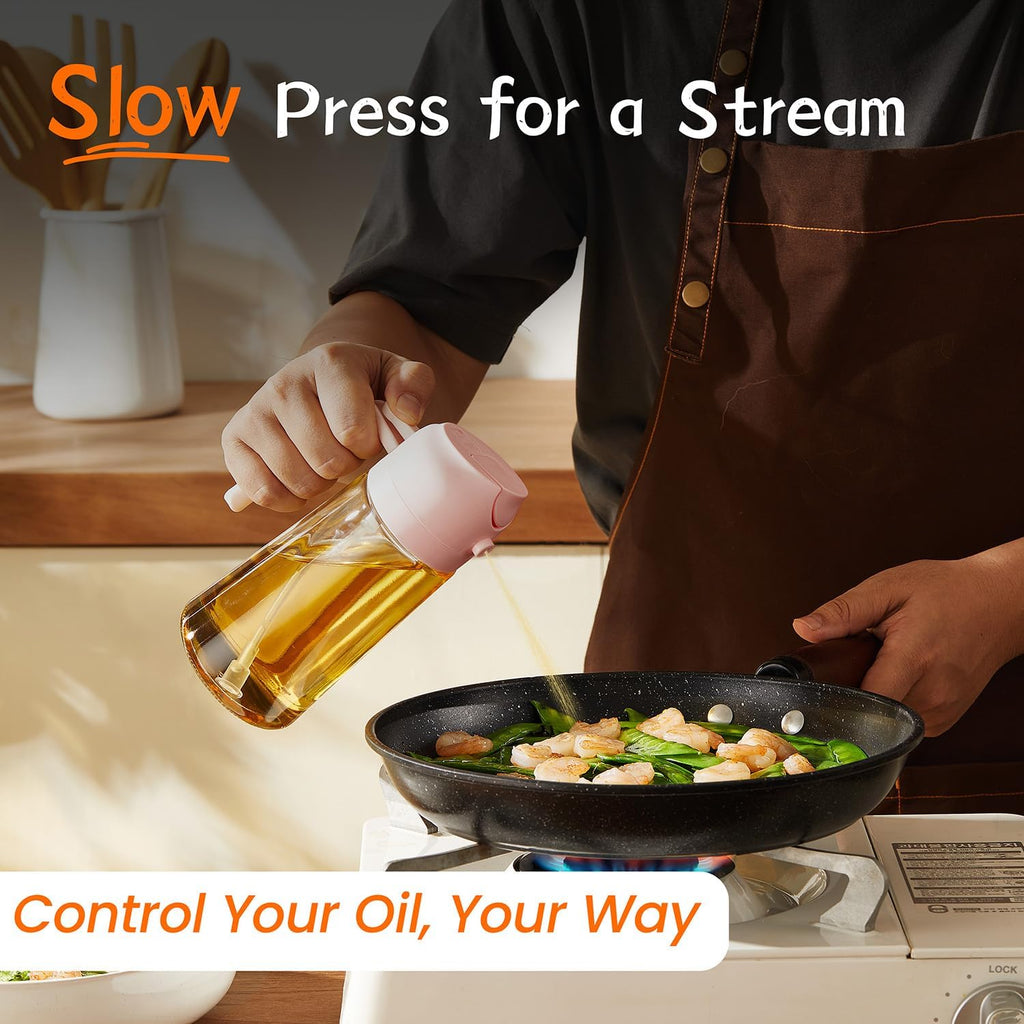 TrendPlain 16oz Glass Olive Oil Sprayer - 2-in-1 Dispenser for Cooking, Air Fryer, Salad & BBQ - Peach