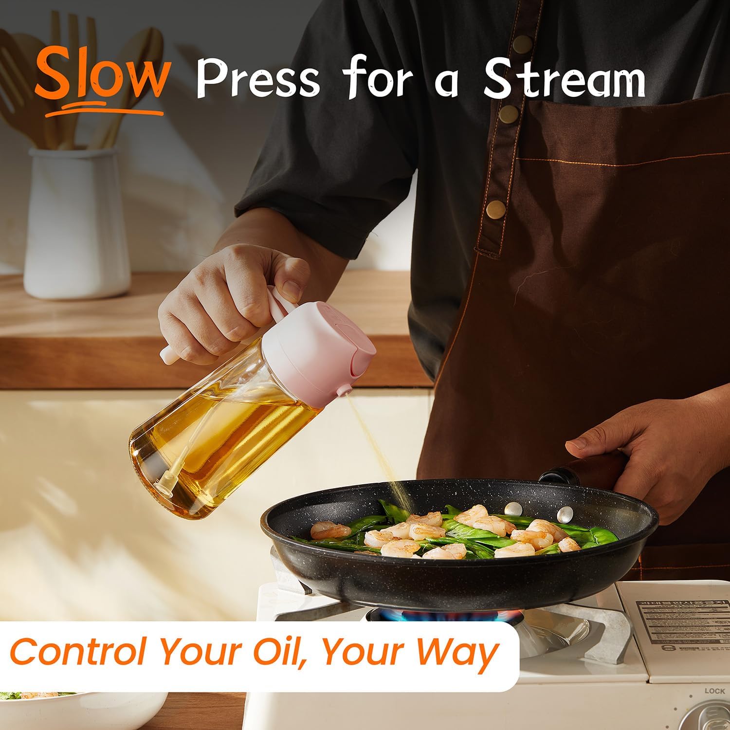 TrendPlain 16oz Glass Olive Oil Sprayer - 2-in-1 Dispenser for Cooking, Air Fryer, Salad & BBQ - Peach