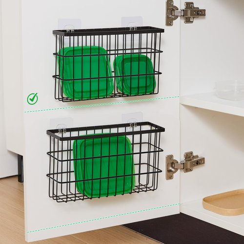 2 Pack Cabinet Door Organizer,Self Adhesive Lid Organizers Inside Cabinet Storage Boxes,Hanging Storage Basket Organizer Wall Mounted Pantry Caddy Cup Holder for Kitchen,Fridge,Bathroom (Black)