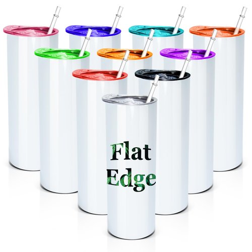 AGH 10pcs 20 oz Sublimation Tumbler Flat Edge Blanks, 20oz Sublimation Tumblers Skinny Straight Cups Bulk with Colorful Lid, Individual Box, Plastic Straw For Coffee Drinks