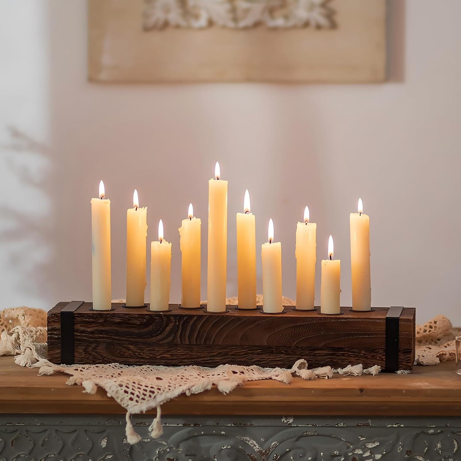NUPTIO Wood Candelabra - 16.5-Inch Taper Candle Holder for Farmhouse Table Centerpiece | Christmas Decor