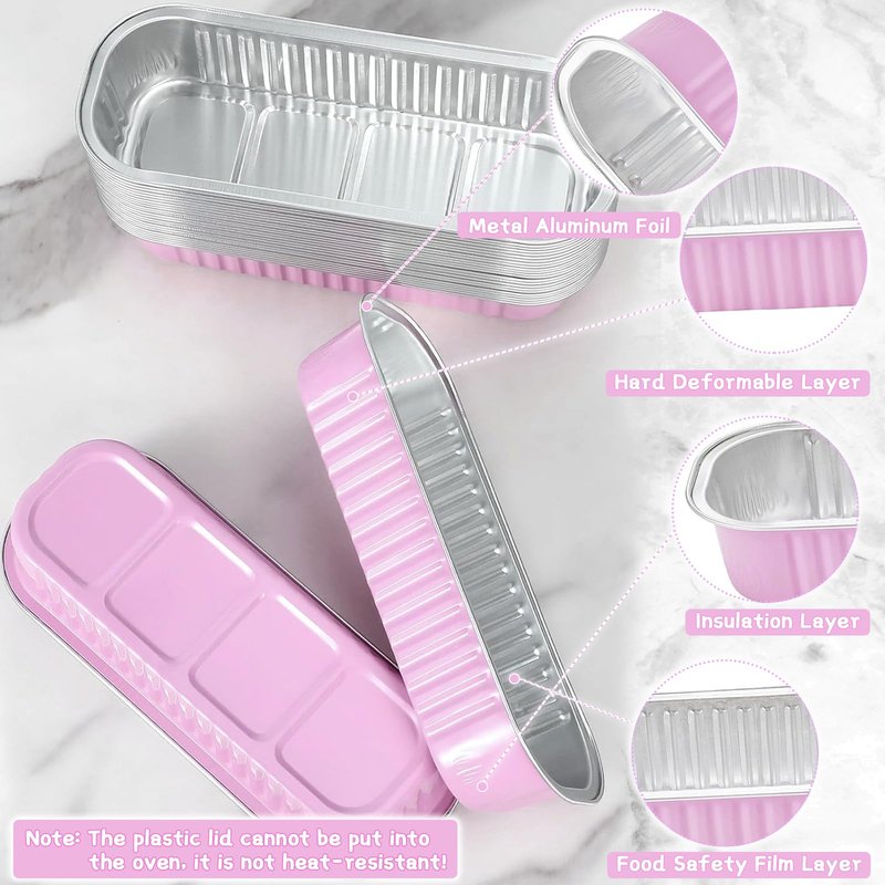Yimerlen 100 Pack Mini Loaf Pans Mini Cake Pans with Lids and Spoons Sealing Sticker, 6.8oz Rectangle Aluminum Foil Baking Pans Disposable Loaf Cake Pan for Baking (Pink)