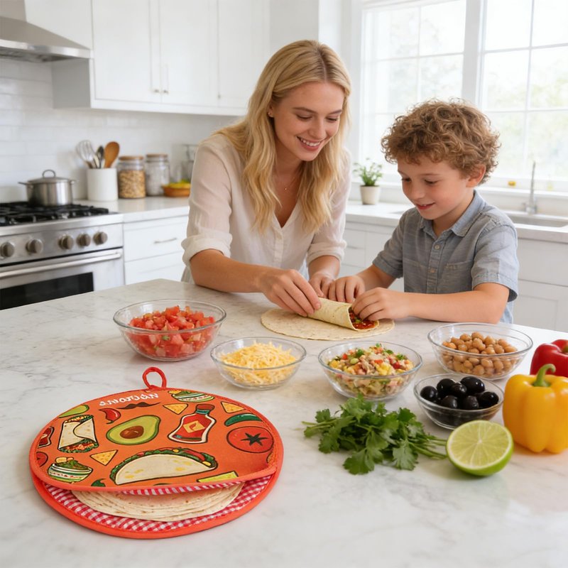 NSIRONS 2Pcs Tortilla Warmer, 12 Inch Insulated Microwave Safe Fabric Tortilla Warmer Pouch to Keep Food Warm for Corn Flour Taco Pizza Bread up to One Hour (2 pack Black&Orange)