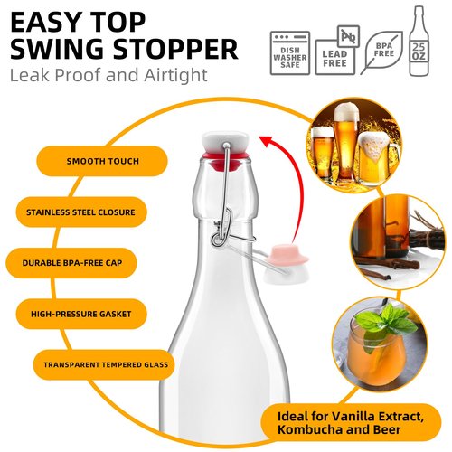 eispap 6 Pack 25oz Square Swing Top Glass Bottles, 750ML Bottles with Airtight Stoppers for Kombucha, Kefir, Vanilla Extract, Beer(Bonus Gaskets, Labels and Funnel)
