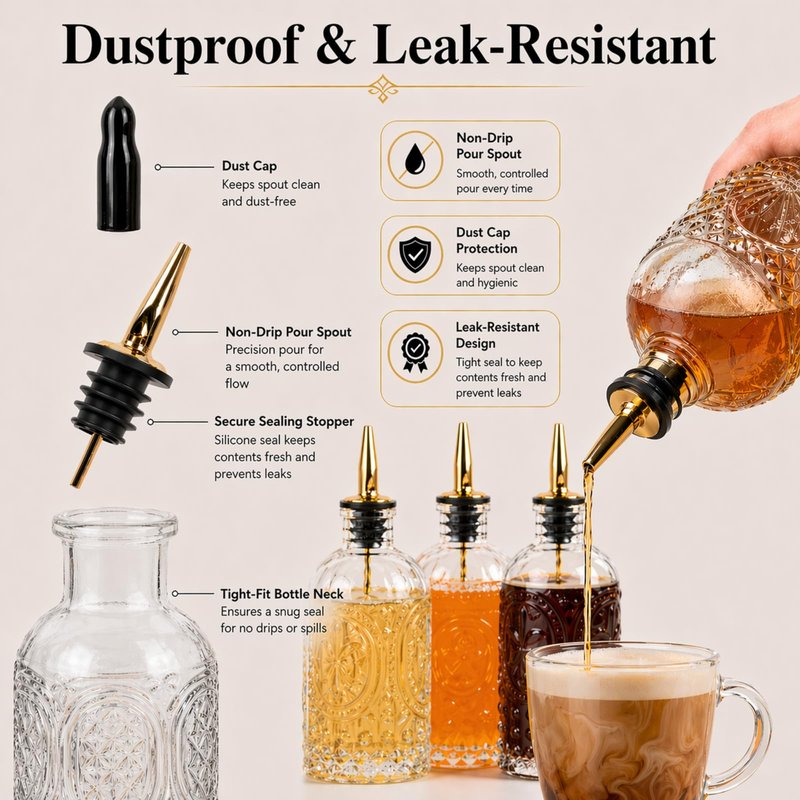 ChezMax Syrup Dispenser Bottles Set of 4, Simple Syrup Bottle for Coffee Bar Accessories, 7 oz Glass Coffee Syrup Dispenser Syrup Containers for Maple Honey Syrup Oil, with Metal Pour Spouts & Labels