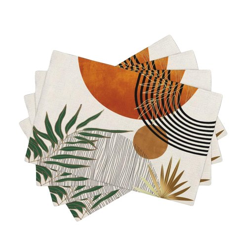Mid Century Placemats 12x18 Inches Set of 4, Modern Boho Green Orange Tropical Leaf Decorative Rectangle Table Mats for Party, Home Kitchen,Dining Table Decoration