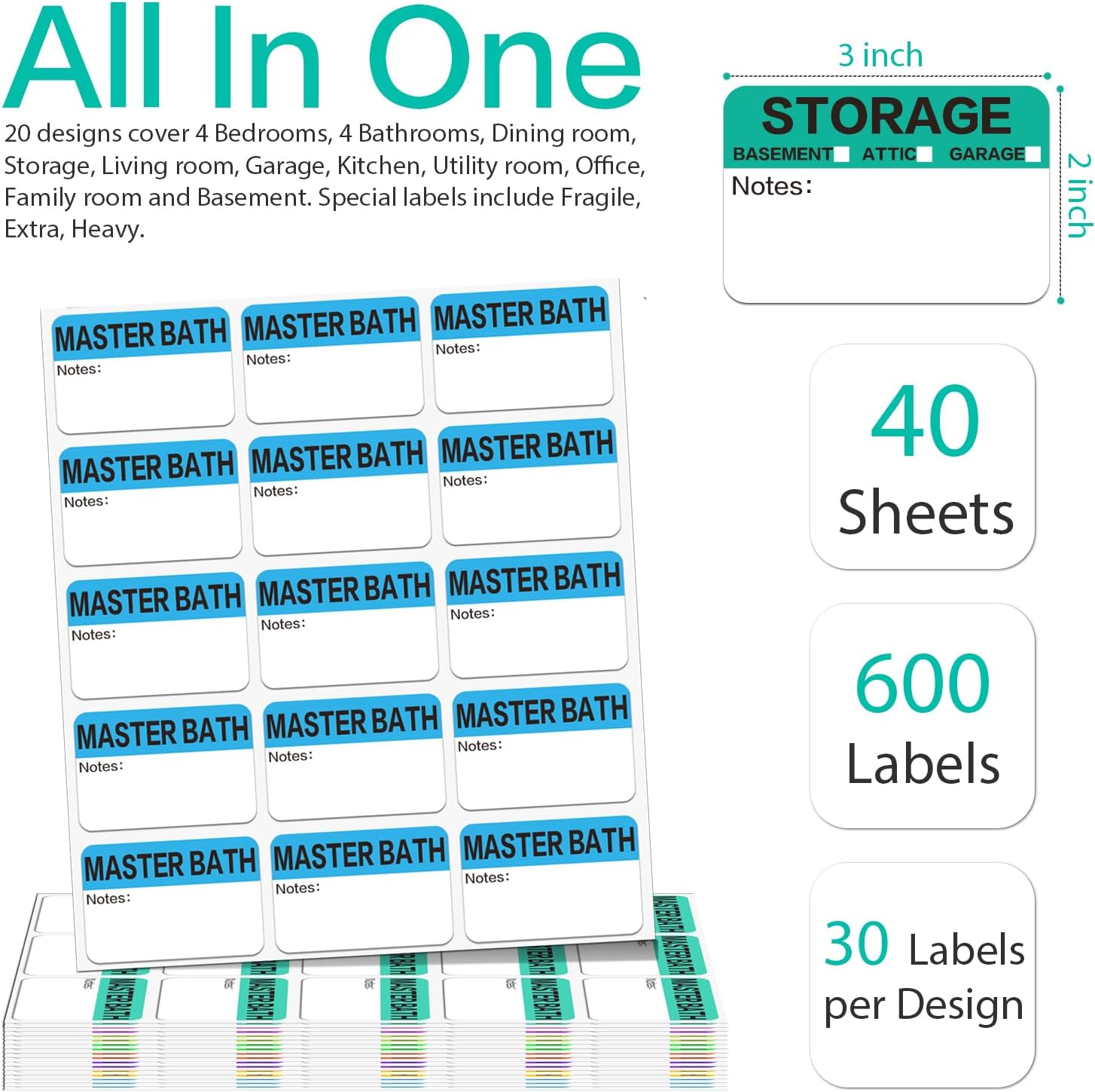 Skiennix 600 Count Large Home Moving Packing Box Labels - Color Coded for 3-4 Bedroom Houses | Writable Notes & Fragile Stickers