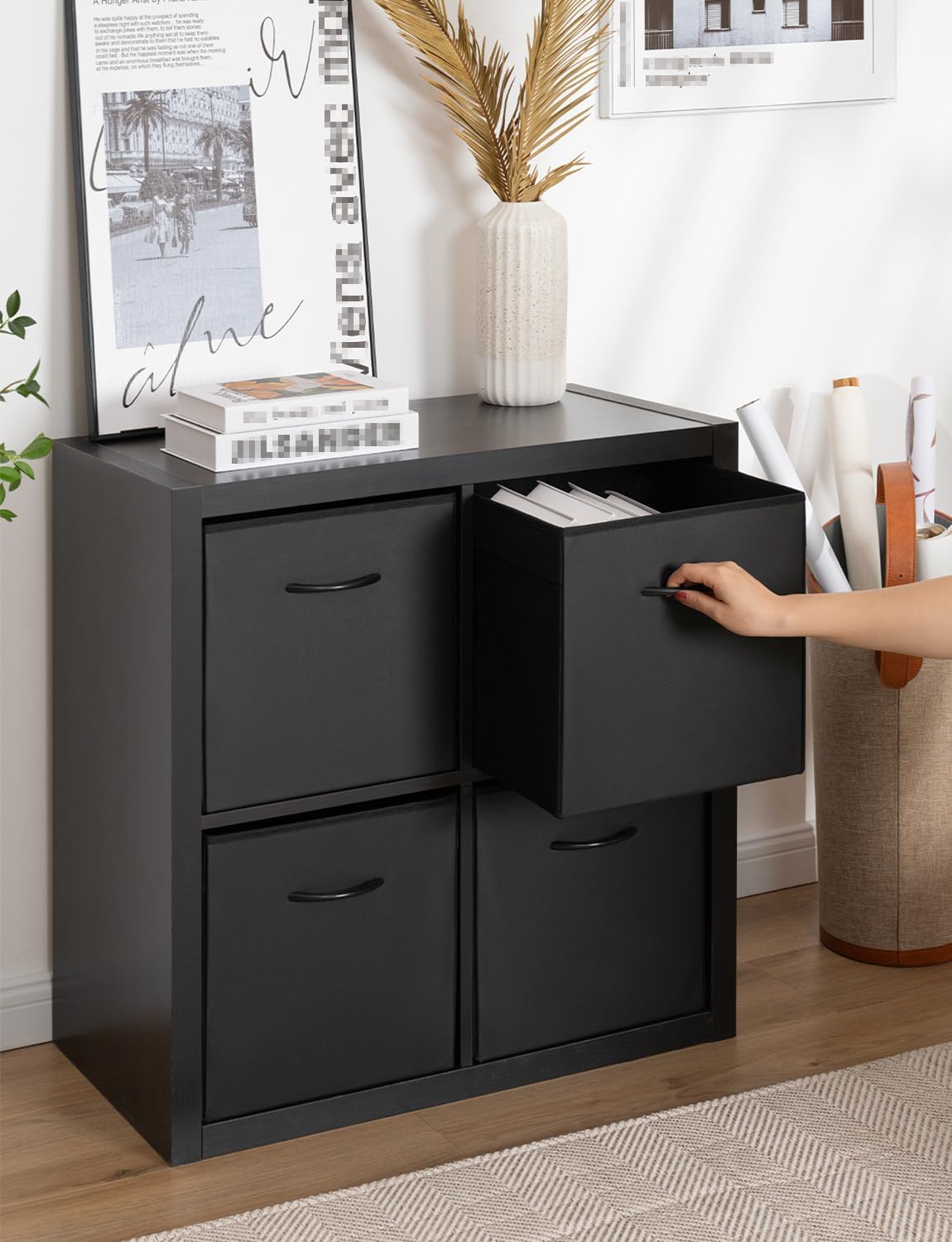 StorageWorks Black Storage Cubes - 13-Inch Leather Bins with Handles | Collapsible 4-Pack for Organizing Shelves and Closets