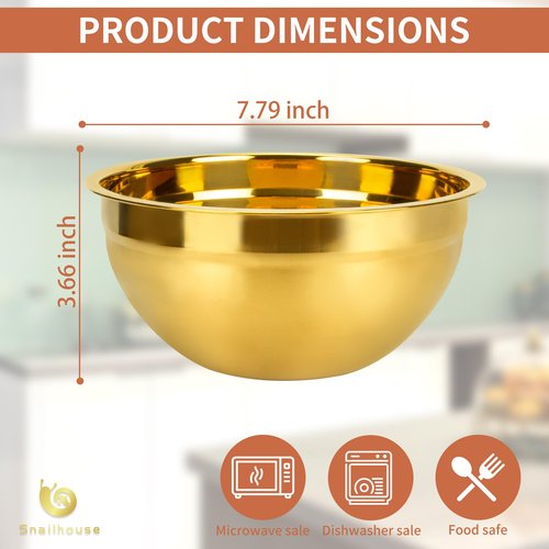 Snailhouse Mixing Bowl, 2 Quart Stainless Steel Salad Serving Large Metal Nesting Baking Cooking Big Bowls for Kitchen Entertaining, Gold