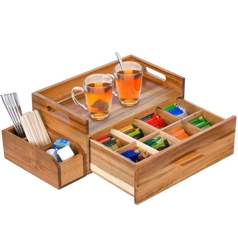 Balaipor Acacia Wood Tea Bag Organizer, Wooden Tea Bag Storage Box Holder with Drawer for Kitchen Office Tea Bar Countertop