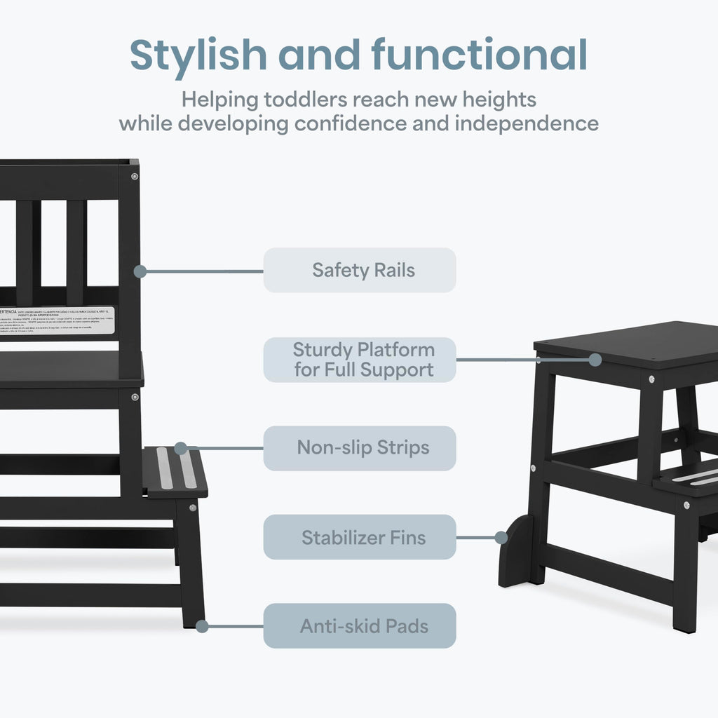 Dream On Me 2-in-1 Funtastic Tower and Step Stool, Toddler Step Tower for Learning & Play, Safety Rails, Anti-Skid Pads, Non-Slip Strips & Stabilizer Fins for Safe Counter Activities - Black