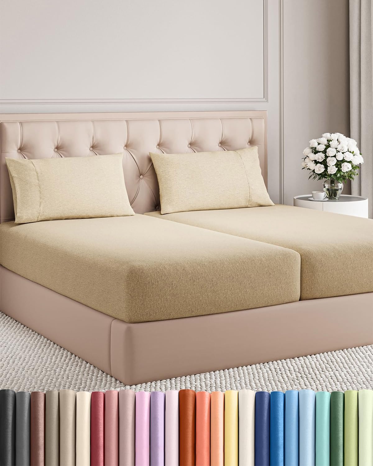 Split King Size 5-Piece Sheet Set - Comfy Cooling Bed Sheets | Hotel Luxury Bedding - Tan