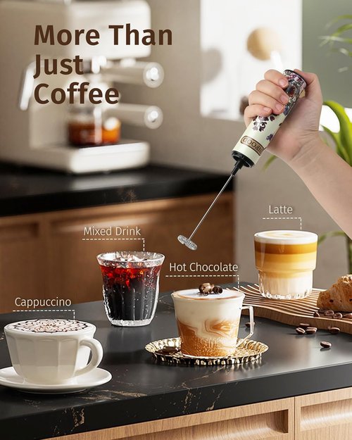 INFOOD Milk Frother - Rechargeable Handheld Coffee Mixer with 2 Detachable Whisks | Vintage Floral Design
