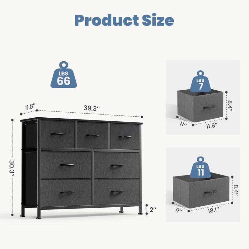 DUMOS TV Stand Dresser with 7 Fabric Drawers, Multifunctional Storage Organizer for Living Room Bedroom Closet, Entertainment Center Cabinet Chest Modern Furniture for Clothing, Grey