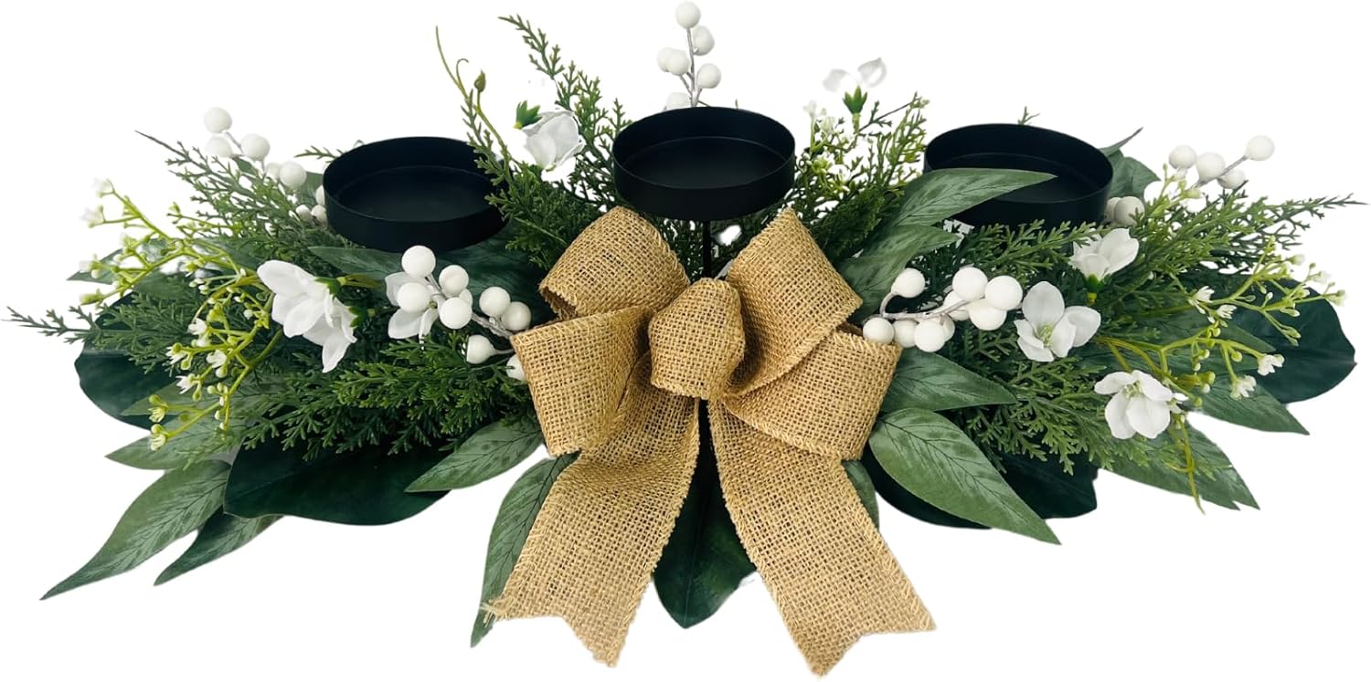 Skiennix 3-Wick Candle Holder - Elegant Centerpiece with Gypsophila, Magnolia & Freesia | Perfect for Dining Room Decor