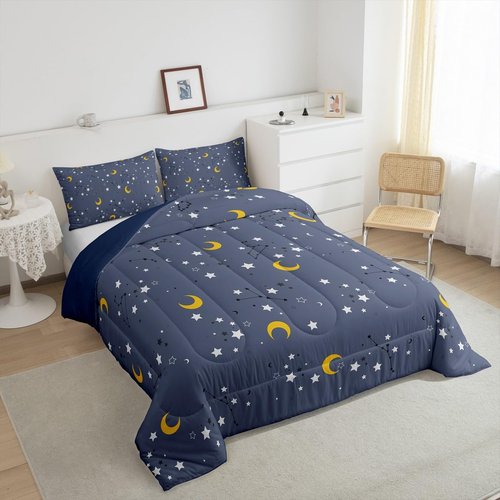 Erosebridal Moon & Stars Bedding Boys Girls 3Pcs Galaxy Full Comforter Set for Kids Toddler Teen, Dreamy Moon Stars Bedding Sets Constellation Space Illustration Duvet Set with 2 Pillowcases