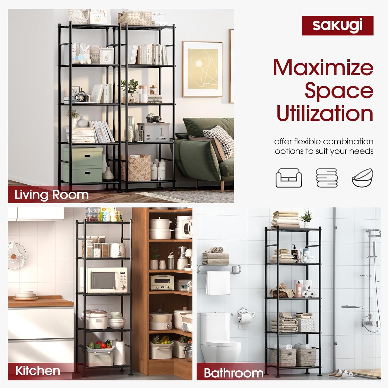 Sakugi Storage Shelves - Heavy Duty 5-Tier Shelf Organizer | Stable Metal Unit for Kitchen, Pantry & Closet - 18.4" W x 12.6" D x 57.4" H, Black