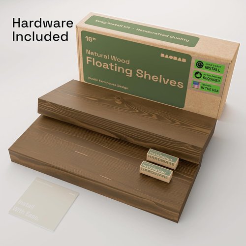 BAOBAB WORKSHOP Floating Wood Shelves - 16-Inch Walnut Wall-Mounted Set of 2 for Bathroom & Kitchen
