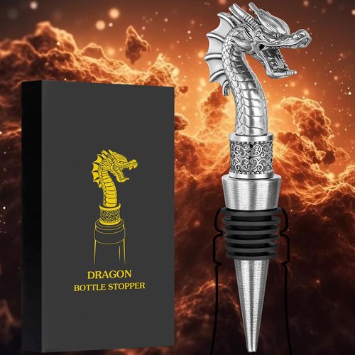 LKKCHER Dragon Head Wine Stopper and Opener - Wine and Champagne Bottle Stoppers, Dragon Fans Gifts for Men, Dad, Birthday, Father's Day, Christmas, Dark Silver
