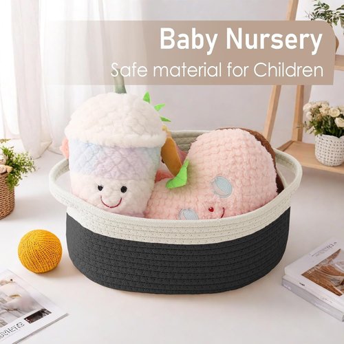JMvicyroam Woven Basket - Small Rope Storage Bin with Handles | Stylish Organizer for Shelves & Closets - White & Black (2 Pack)