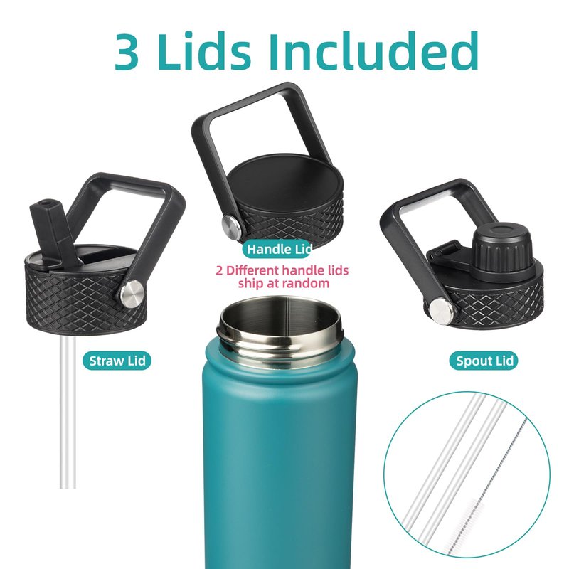 Konokyo 22oz Stainless Steel Bottles with 3 Lids Sport Insulated Water Bottle,Light Blue