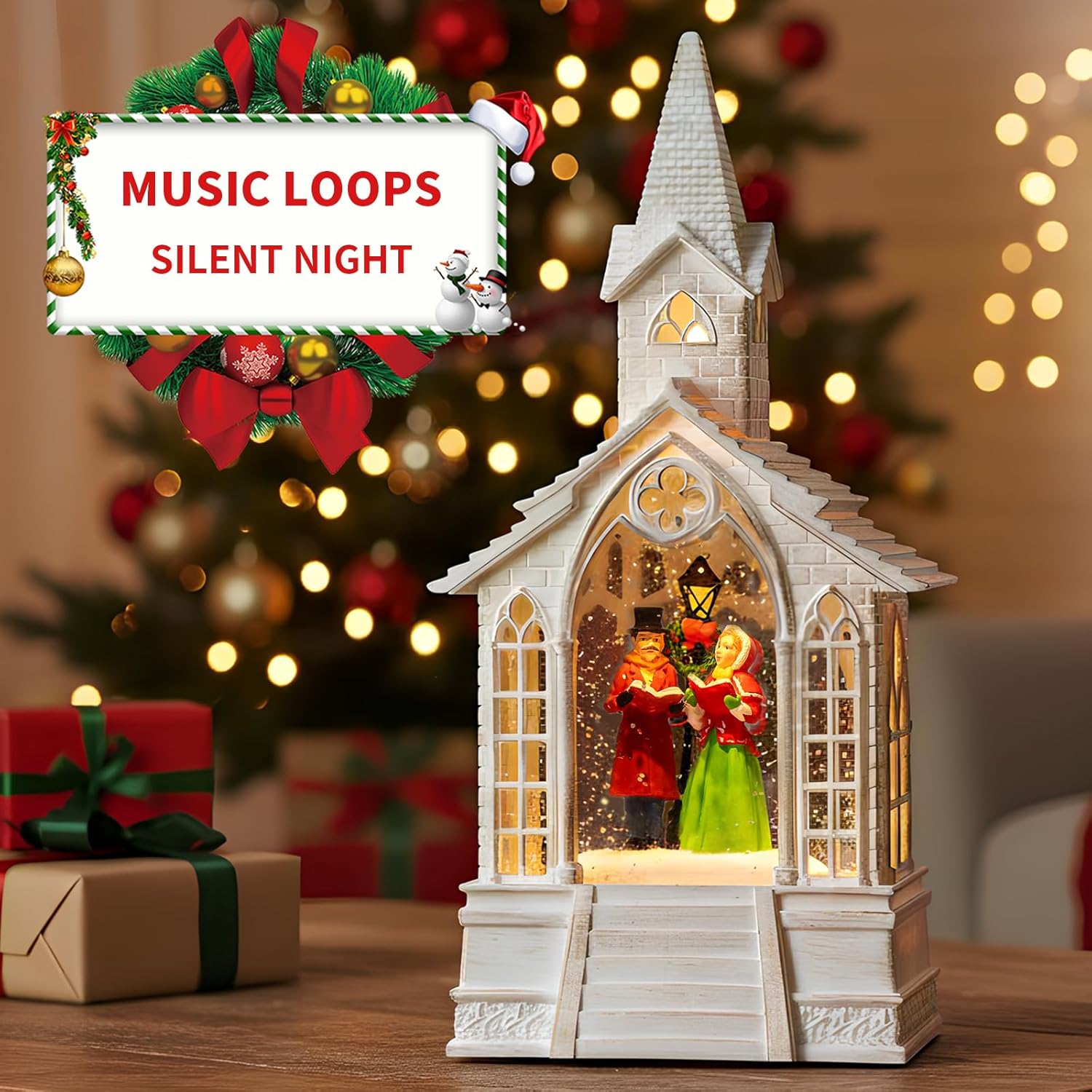 Skiennix Christmas Village Snow Globe - Church Choir Water Lantern with Silent Night Music | Holiday Decor Gift for Family & Friends
