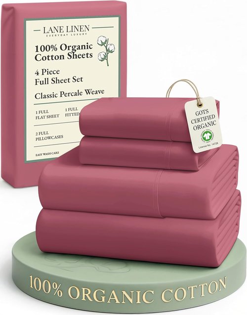 **LANE LINEN 100% Organic Cotton Full Bed Sheets - Soft, Comfy, Machine Washable, Deep Pocket - Mineral Red**