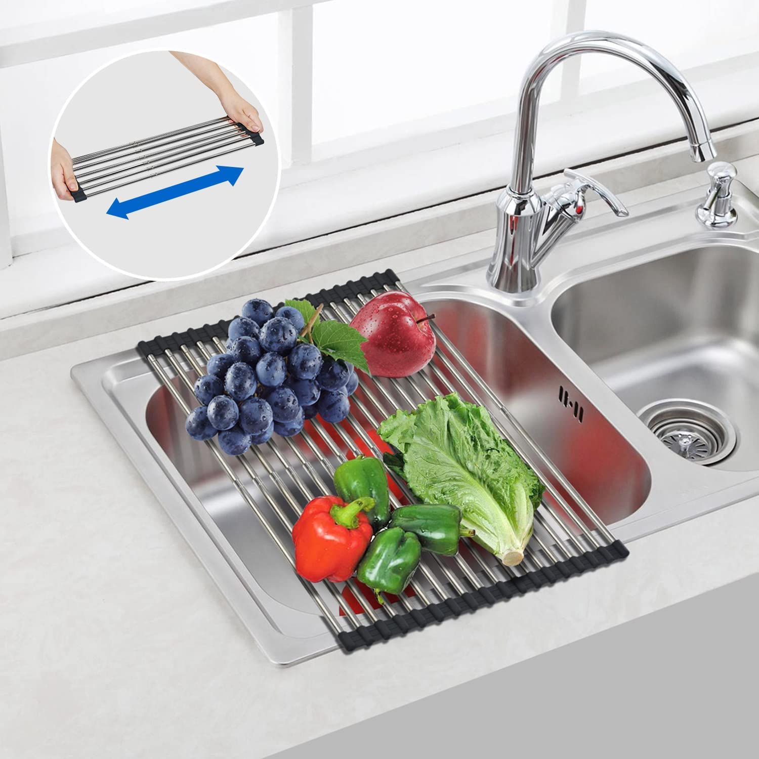ARAINY Large Telescopic Drain Rack Roll Up Rack Heat-Resistant Dish Drainer Kitchen Sink Rack Over The Sink Dish Drying Rack Stainless Steel Dish Rack (18 Tube 21.25''x12.79'')