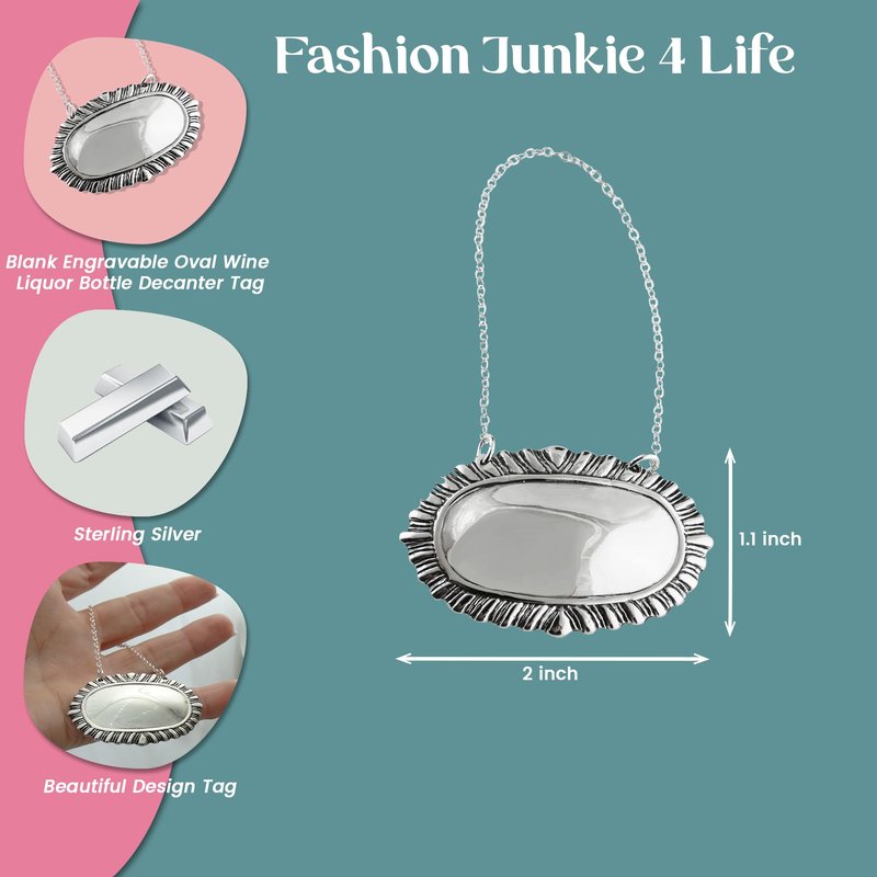 Sterling Silver Engravable Oval Wine Liquor Bottle Decanter Label Name Tag