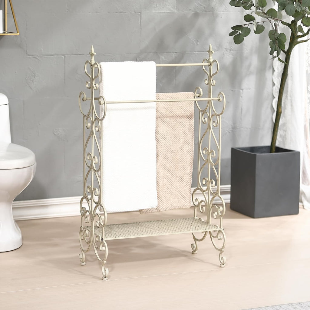 Free Standing Towel Rack for Bathroom, 3 Tier Metal Towels Rack Freestanding with Storage Shelf, Retro White Floor Towel Rack Stand for Bath Towels Hand Washcloths, 21.2” x 11.8” x 36.2”