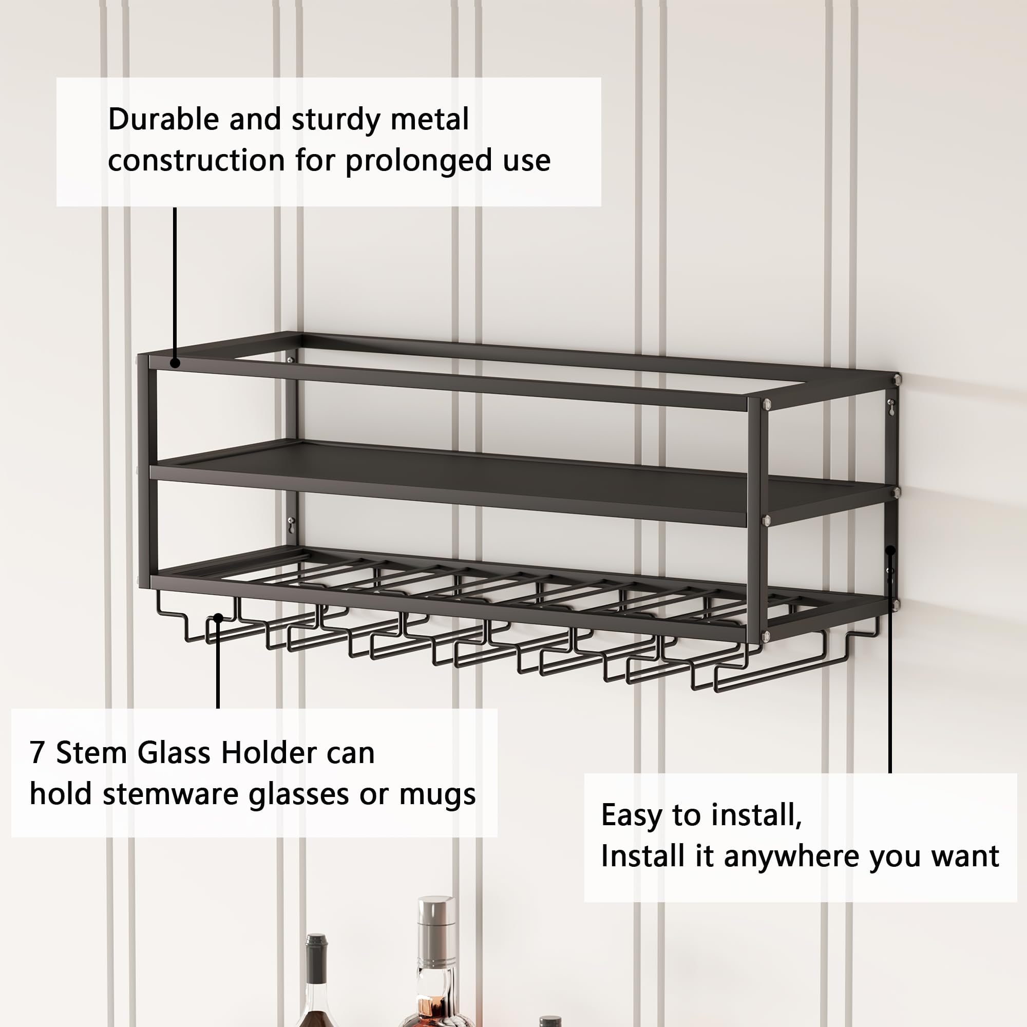 MAIKAILUN Wall Mounted Wine Rack Black with Glass Holder 30in Metal Bottle Holder Hanging Multi Functional Wine Storage Display Rack for Home Bar Dining Room Kitchen (Black, 2-Tier)