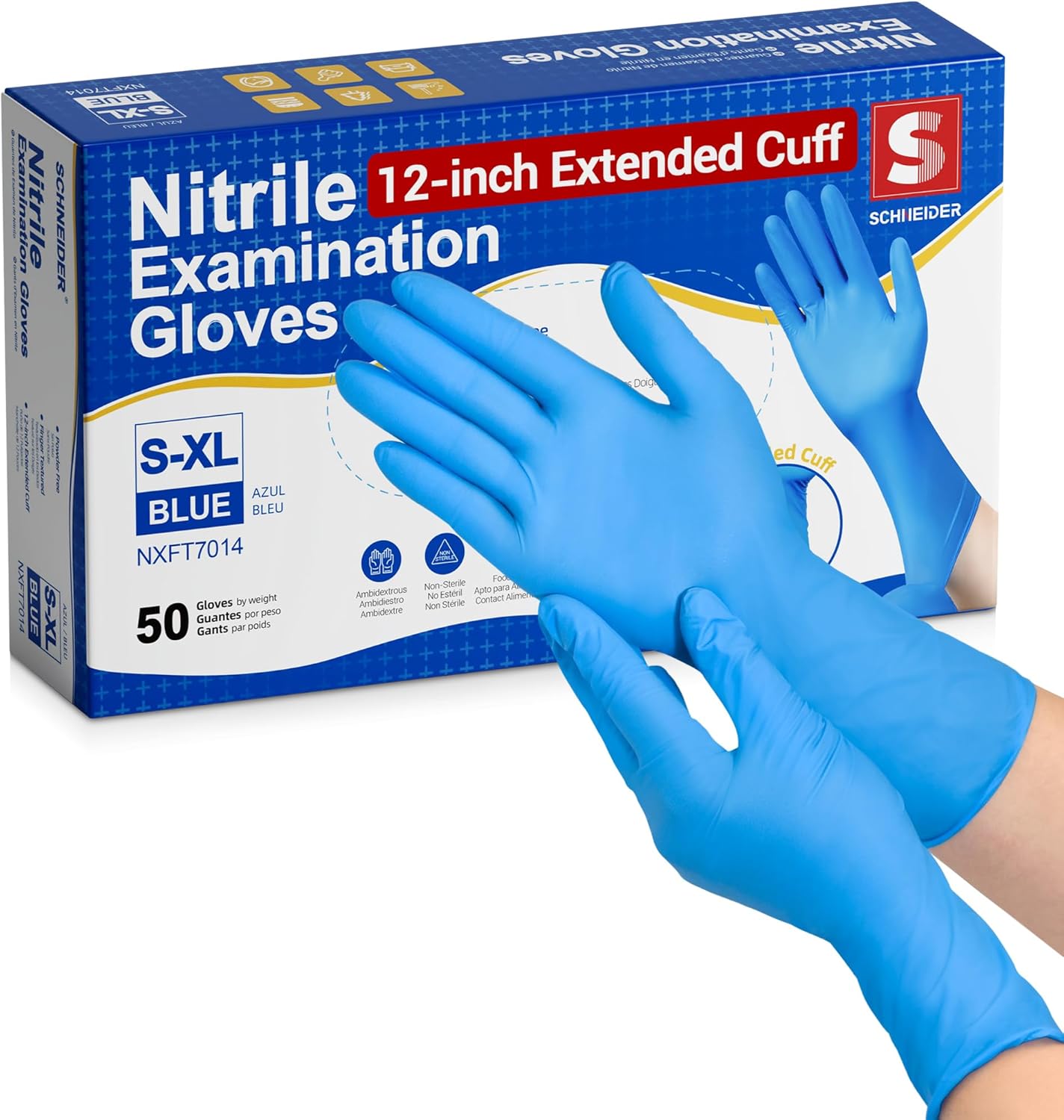 Schneider Nitrile Exam Gloves - 12-Inch Extended Cuff, Medium, 50-Count | Latex-Free, Powder-Free, Blue