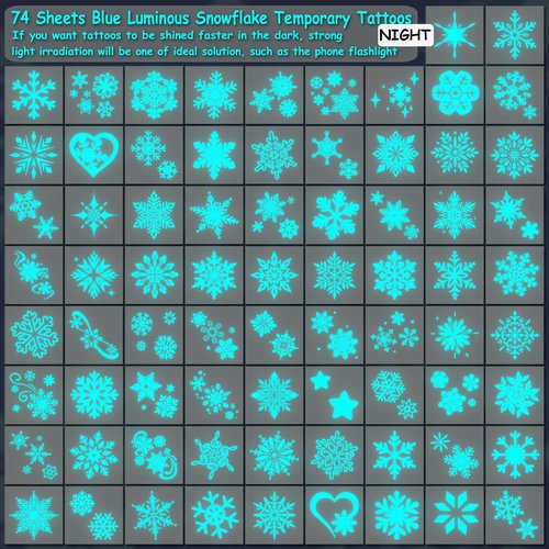 CHARLENT Blue Luminous Snowflake Temporary Tattoos - 74 Sheets of Winter Party Designs for Kids & Adults