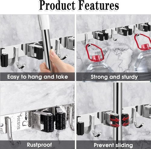 AceMining Mop and Broom Holder - 5 Racks & 4 Heavy-Duty Hooks | Wall-Mounted Organizer for Home & Garage
