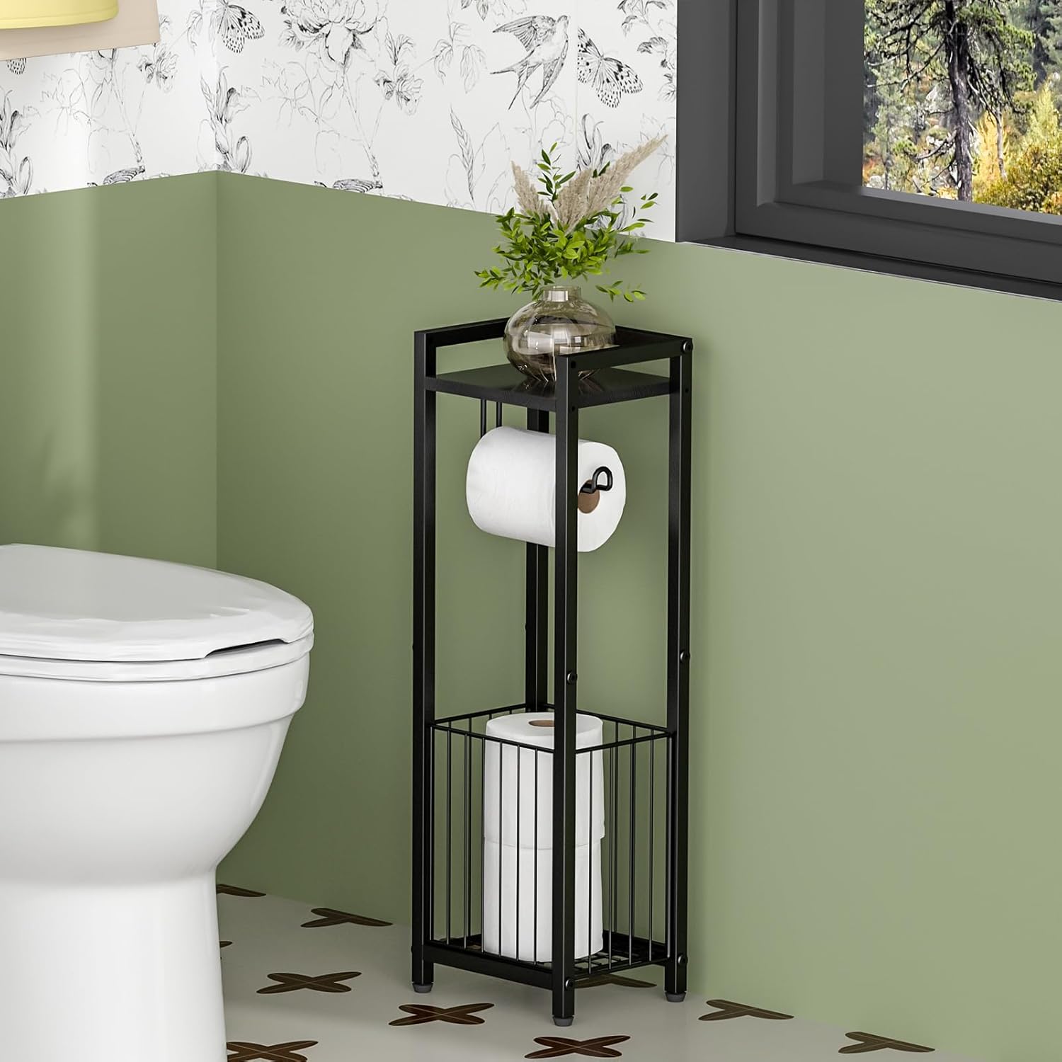 Skiennix Narrow Side Toilet Paper Holder - Freestanding Storage Rack for Small Spaces, Bathroom Tissue & More