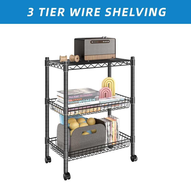 Guan River 3 Tier Rolling Cart Service Cart Wire Basket Shelf Storage Trolley Shelf 2 Bottoms for Choose(Castor or Leveling Feet) for Office,Kitchen,Black(23.23" L x 13.11" W x 32.28" H)