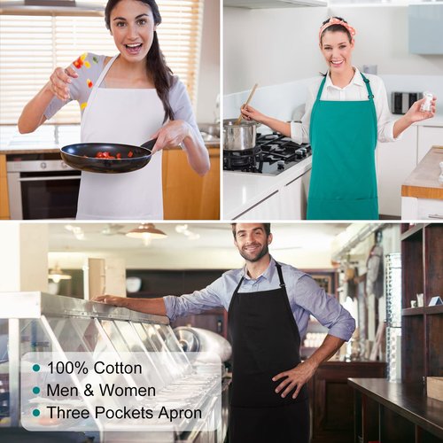Jubatus 2 Pack 3 Pockets 100% Cotton Adjustable Bib Apron Chef Kitchen Cooking Aprons for Women Men, White