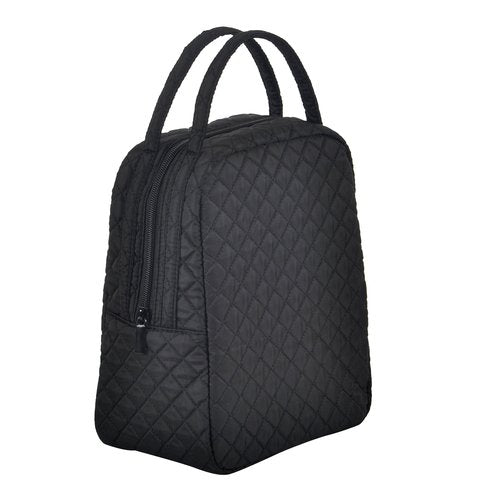Large Quilted Fabric Cotton Reusable Inusulated Lunch Tote Bag Cooler Snack Bag Women Pretty Thermal Lunch box Storage Gift Bag for Work & Outdoor (Black)