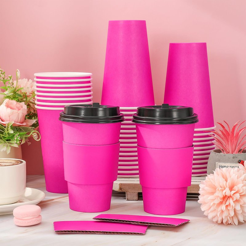 Whaline 80 Set Hot Pink Disposable Coffee Cups with Lids and Sleeves Pink Girl Paper Drinking Cups for Birthday Wedding Party Supplies
