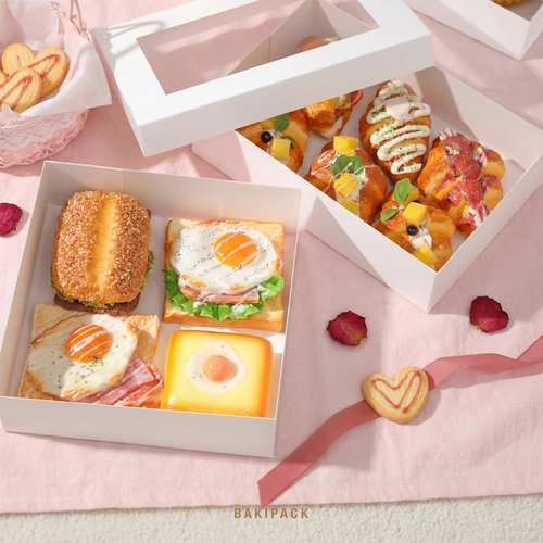 BAKIPACK 10 White Catering Boxes, 17x10x4 inches Bakery Boxes with Window, To Go Paper Food Containers Disposable for Charcuterie, Sandwiches