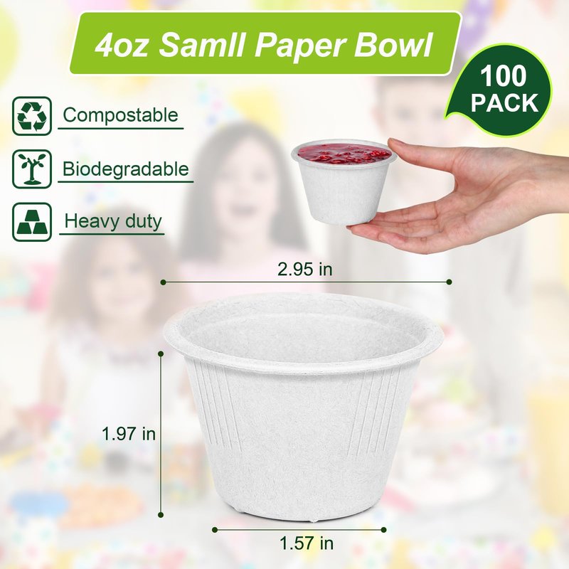Groecycle Small Paper Bowls 4 oz, 200 Pack Compostable Paper Bowls, Disposable Chili Bowl, White Bagasse Bowl for Ice Cream, Dessert, sauce