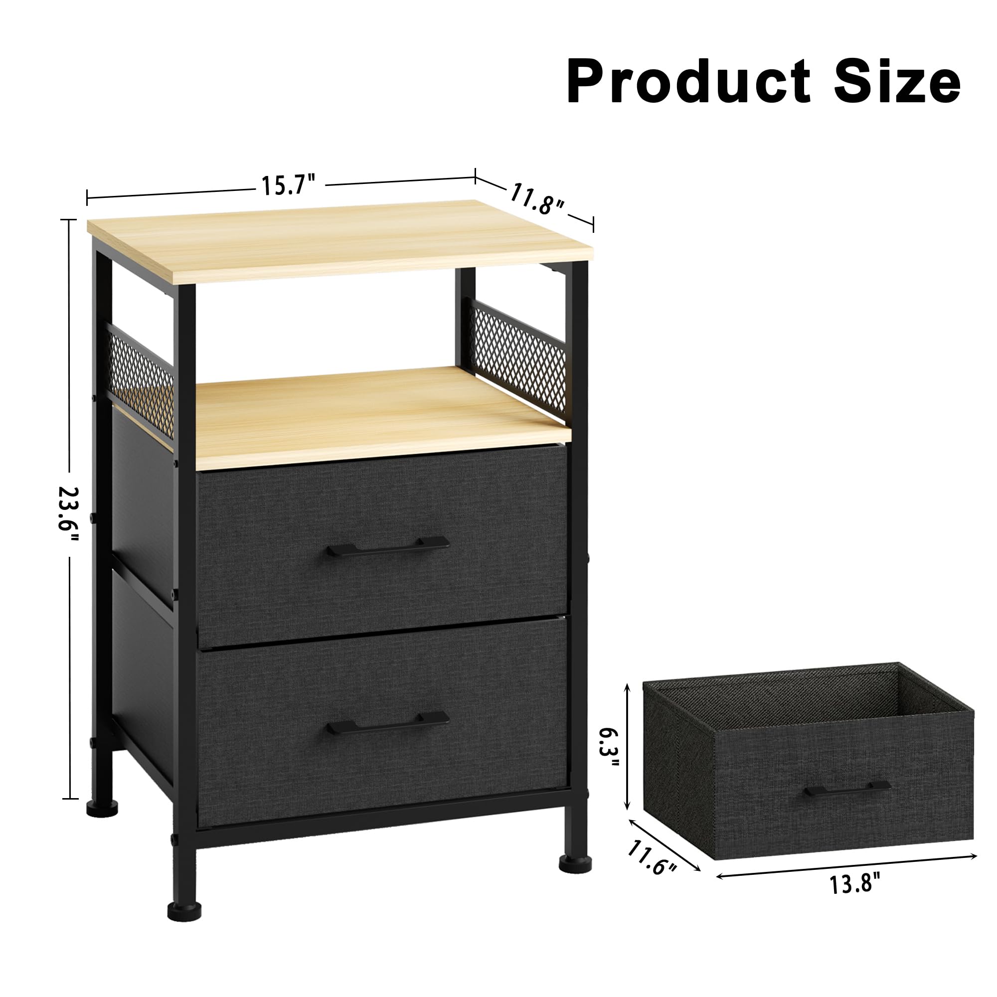 YUJSBHJAN Nightstand with Fabric Drawers, 2-Tier Storage Side Table,End Table with Open Shelf, Night Stand for Living Room, Natural and Black