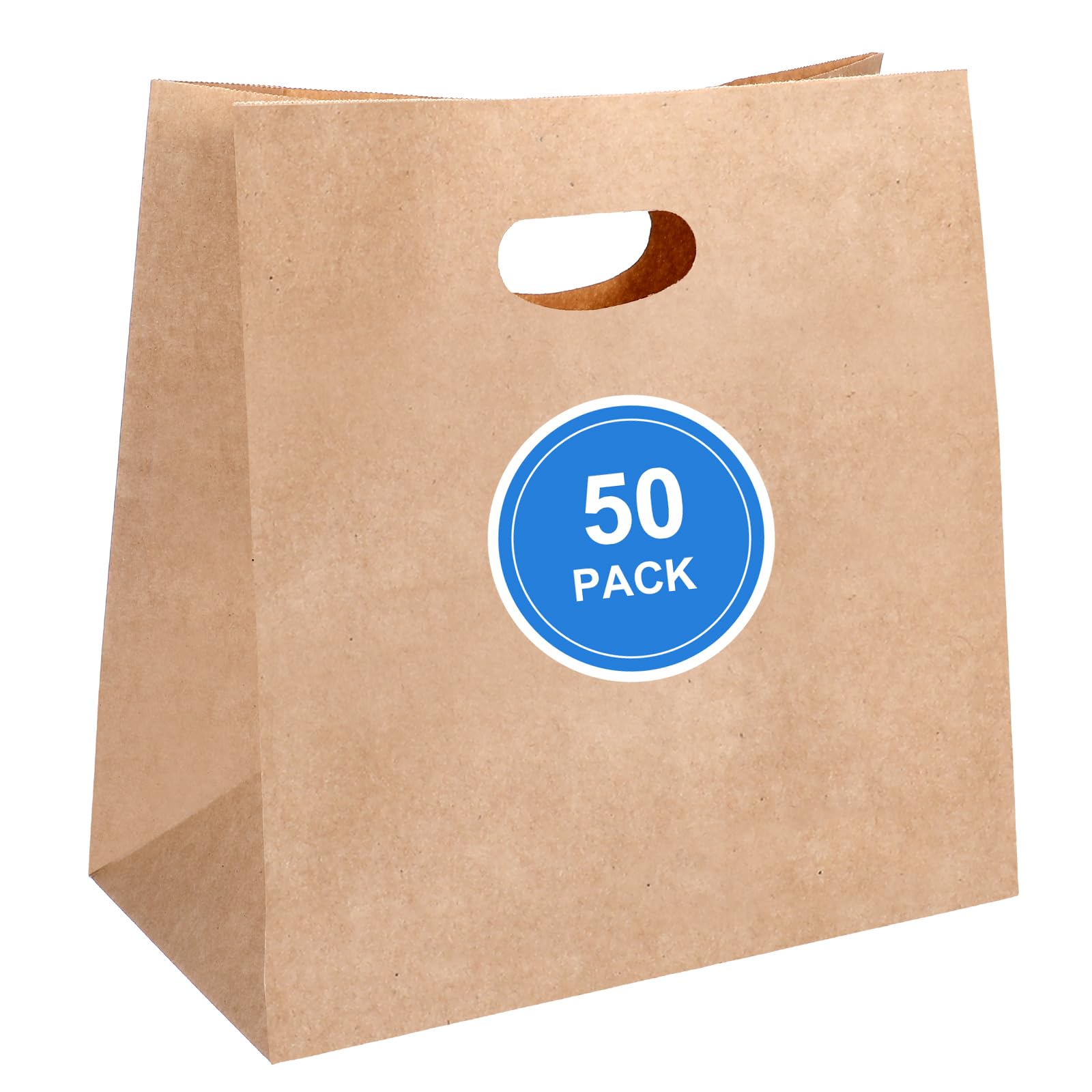 JOUTYFOR 50 Pcs Die Cut Tote Brown Paper Bags with Handle Bulk, Kraft Paper Grocery/Takeout Bags for Restaurant, Bakery, Retail(11x6x11 in)