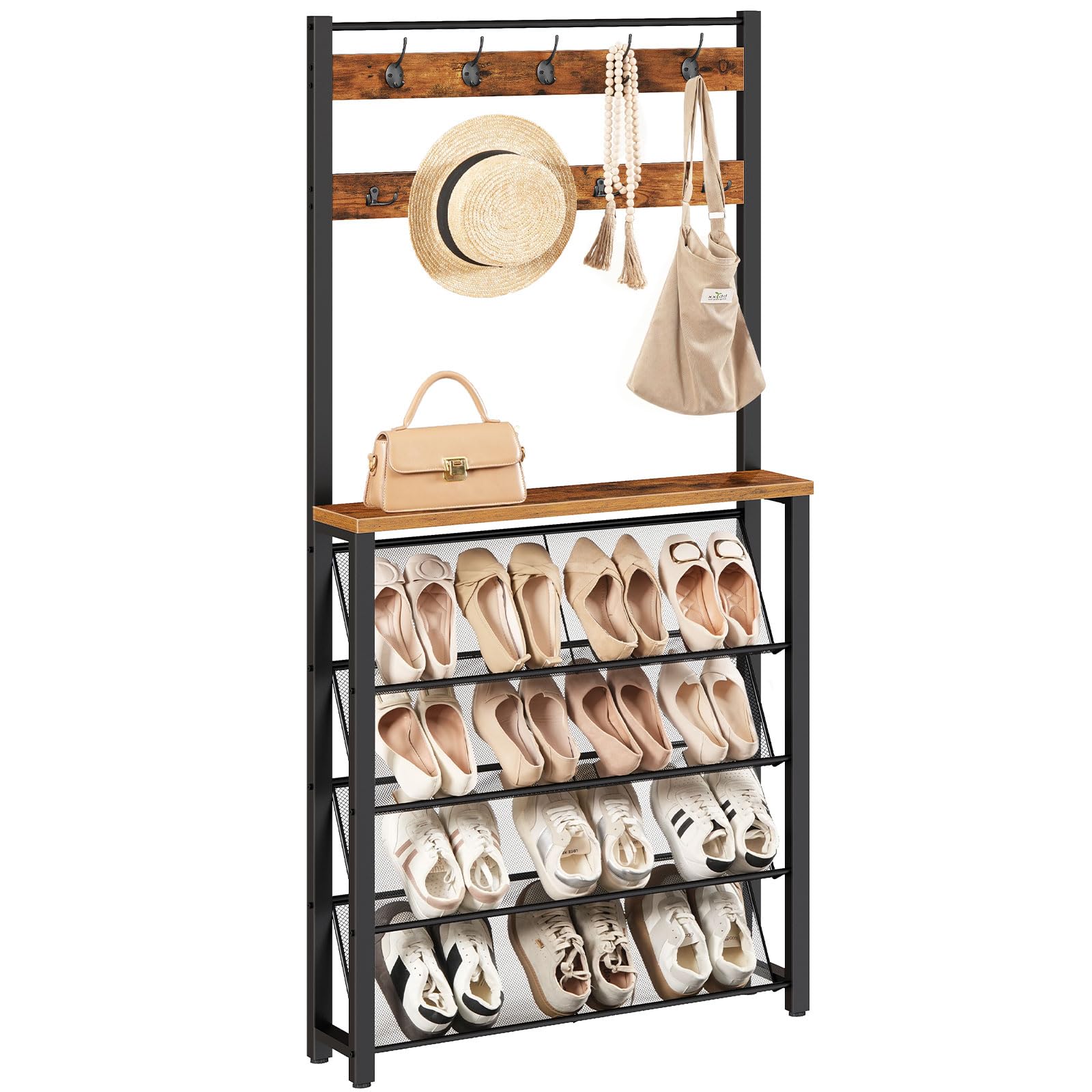 HOOBRO Hall Tree with Bench, Narrow Shoe Rack with Coat Rack, Coat Rack with Shoe Storage, 5 Tier Slanted Shoe Storage Organizer, Coat and Shoe Rack Entryway, Slim Hall Tree, Rustic Brown BF20MT01